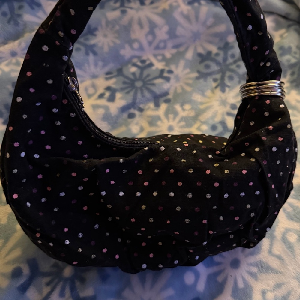 Black Polka Dot Hobo Bag with Pink and Silver Accents